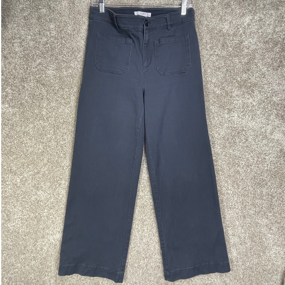 Loft High Rise Wide Leg Patch Pocket Pants Womens 4 Gray Stretch Trousers